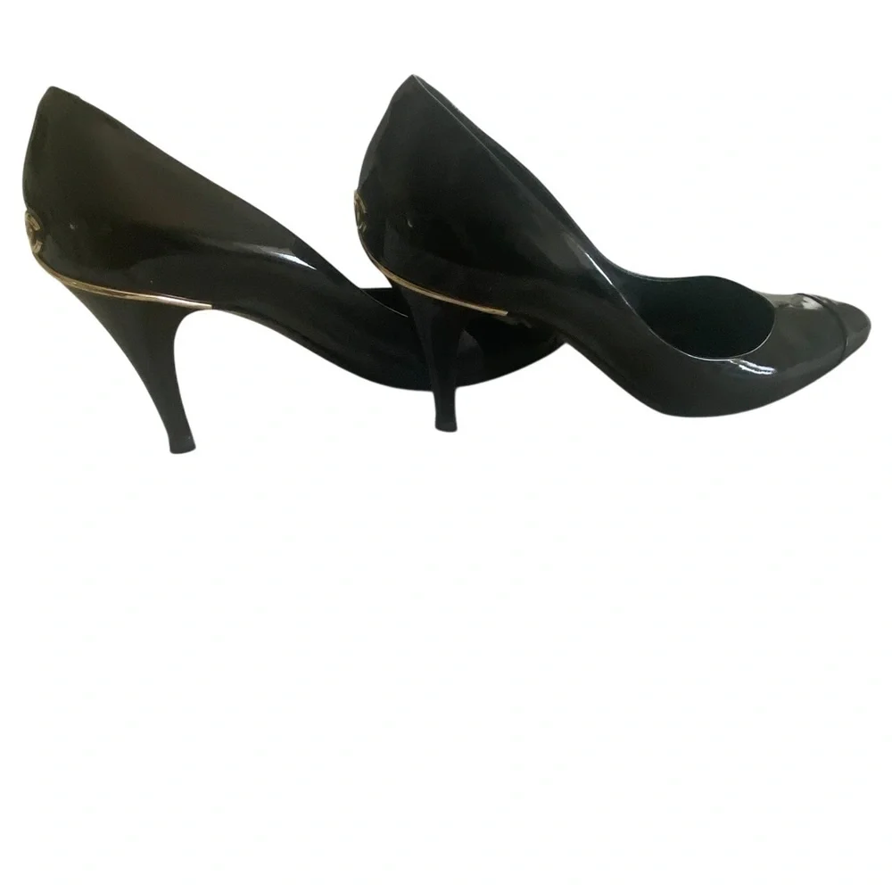 CHANEL Black Patent Leather Heels with Gold Accent size 39.5